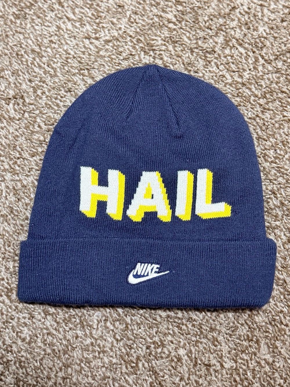 Nike Michigan Wolverines “HAIL” Reversible Knit Beanie Navy Maize